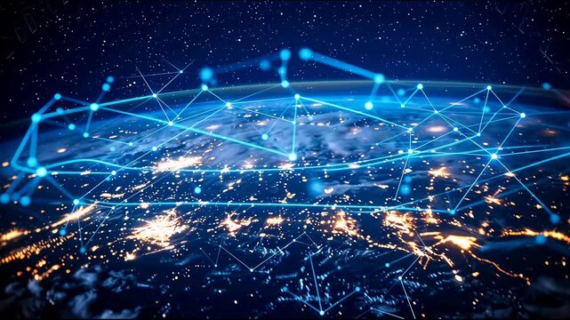 3D render global network connection on earth, night city lights and satellite communication data stream, 5G internet blockchain technology and cloud computing infrastructure video footage.