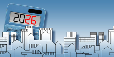 2026 REAL ESTATE PLANNING BANNER CONCEPT WITH COPYSPACE- Business ideas in building activity and construction industry - New financial year and Budget 2026 concept with calculator and copyspace