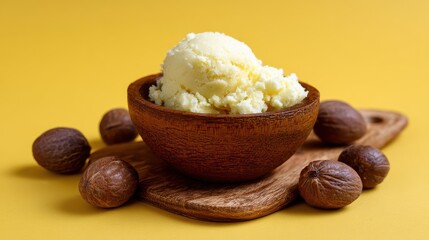 Pure unrefined shea butter in a small wooden bowl with raw shea nuts on a yellow background