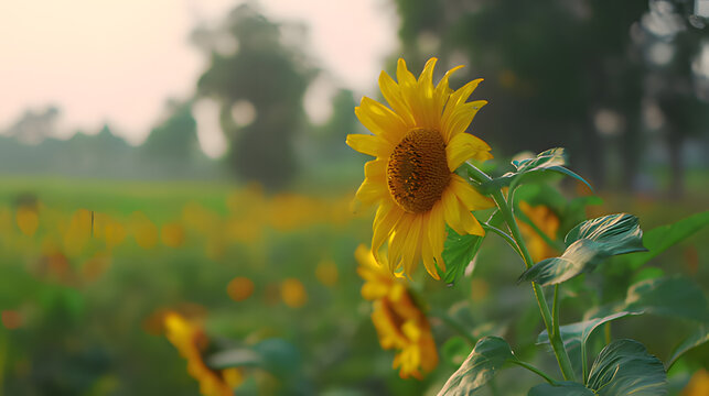 capitulate. Sunflowers swaying in a field during golden hour, nature scene. gardening catalogs, home-decor guides, designed for home decor and floral branding and gardening and botanical catalogs.