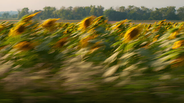 capitulate. Sunflowers swaying in a field during golden hour, nature scene. gardening catalogs, home-decor guides, designed for home decor and floral branding and gardening and botanical catalogs.