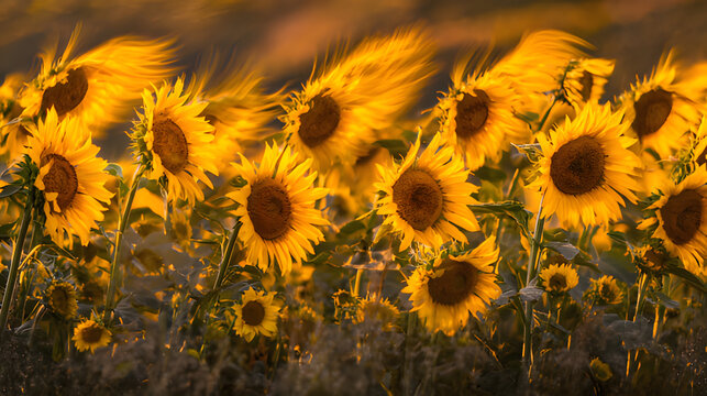 capitulate. Sunflowers swaying in a field during golden hour, nature scene. gardening catalogs, home-decor guides, designed for home decor and floral branding and gardening and botanical catalogs.