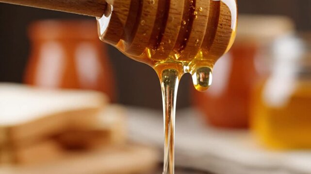 Macro Shot of Golden Honey Dripping from Wooden Dipper in Warm Light