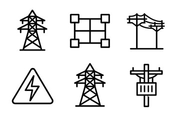 Power line icons: electricity, transmission, high voltage, grid, warning signs
