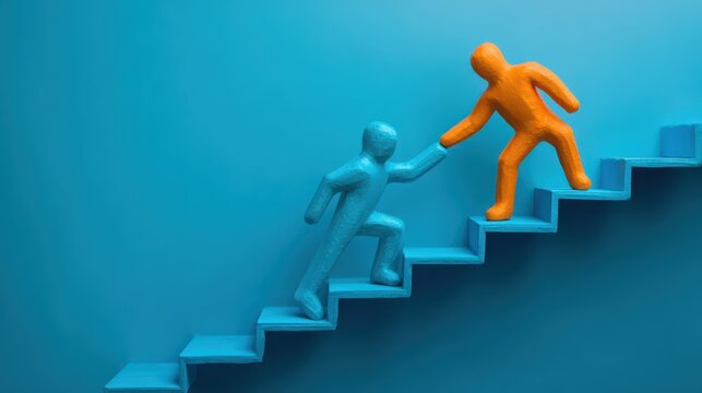 Cyan figure assists orange teammate up stairs in an empathetic leadership scenario blue environment digital illustration