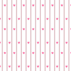 Minimalist seamless pattern featuring small pink hearts and thin vertical stripes, perfect for Valentine's Day stationery and nursery textile design.
