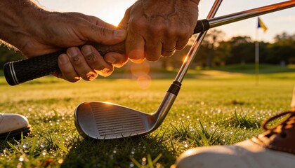 Golf Course Green, Golfer Hands Gripping Club at Sunset - Leisure Sport Game