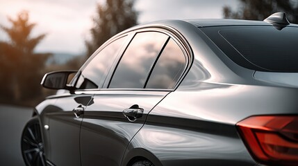 Close-up of a sleek metallic grey luxury sedan car parked outdoors at sunset with focus on body lines and windows