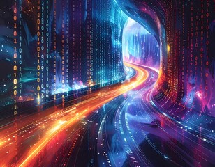 Abstract data stream tunnel with binary code cascade, showcasing a path of light and vibrant colors within digital realm