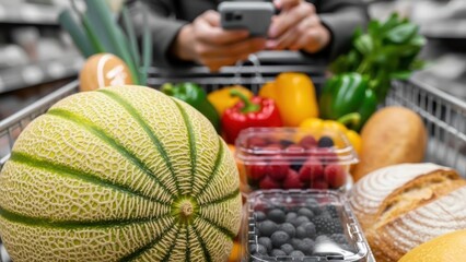 Fresh groceries in a shopping cart with a person using a smartphone for smart shopping for marketing
