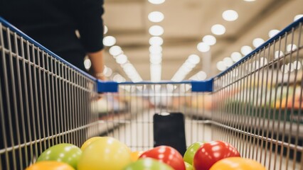 First person perspective of a shopping cart full of colorful items in a grocery store for marketing