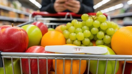 Positive pregnancy test in a supermarket cart full of healthy fruits for marketing