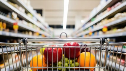 A shopping cart filled with fresh colorful fruits in a supermarket aisle for marketing