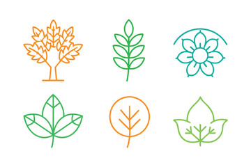 Botanical Leaf and Tree Line Icons Set, Minimal Nature Outline Vector Elements, Floral and Plant Symbol Collection