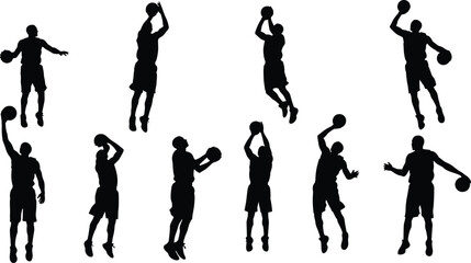 Silhouettes of basketball players in action poses, dribbling, shooting, jumping, passing, sports training, athletic competition