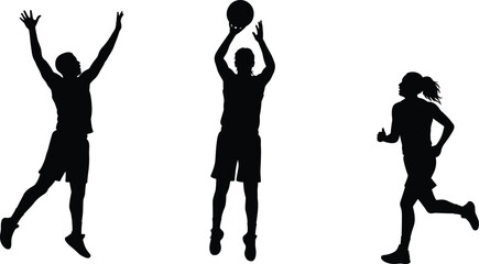 Silhouettes of basketball players and runner, sports action vector, fitness, teamwork, jump, shoot, motion © TOP-designer