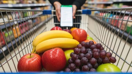 Smart grocery shopping: a cart full of fresh fruit and a smartphone for marketing