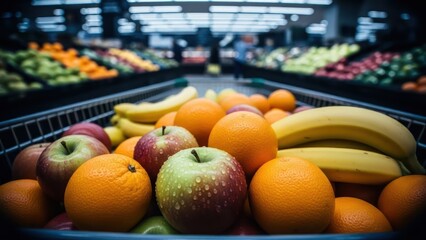 Fresh and vibrant fruit selection in a grocery store shopping cart for marketing