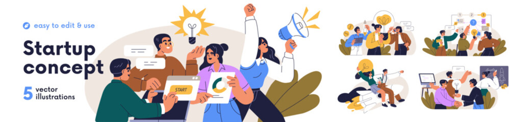 Startup, business concept set. Brainstorming creative ideas, development strategies, innovation. Work teams planning, launching start-up projects. Flat vector illustration isolated on white background