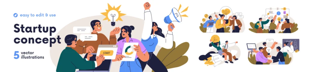 Fototapeten Fußball Startup, business concept set. Brainstorming creative ideas, development strategies, innovation. Work teams planning, launching start-up projects. Flat vector illustration isolated on white background  © Good Studio