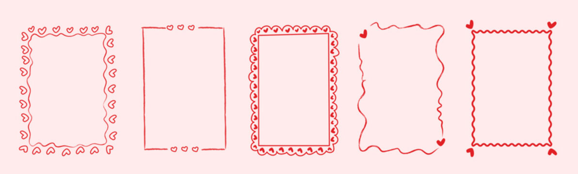 Whimsical hand drawn heart frames with playful sketch drawings. Romantic doodle borders for Valentine and wedding invitations, birthday cards, menu design and holiday graphic decoration. Vector.