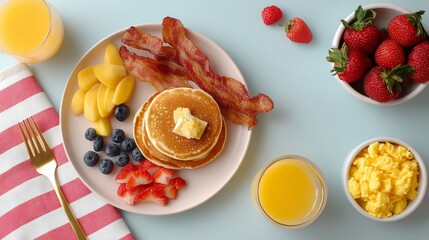 Pancake breakfast table with bacon, scrambled eggs, fresh fruit, and orange juice, top view flat lay composition featuring minimalistic design and ample copy space for text overlay