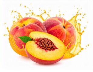 Fresh Peaches with Juice Splash on White Background
