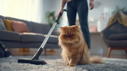 Vacuuming living room carpet with ginger cat nearby