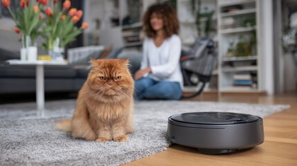 Robot vacuum cleaner and ginger cat on rug at home