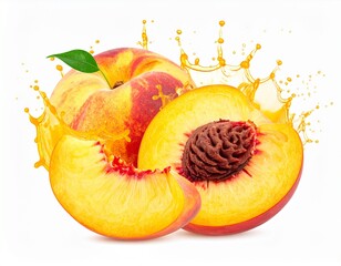 Fresh Peaches with Juice Splash on White Background

