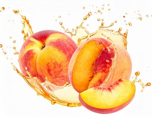 Fresh Peaches with Juice Splash on White Background
