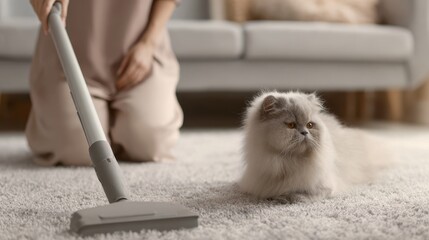 Vacuuming carpet at home with fluffy white cat on rug