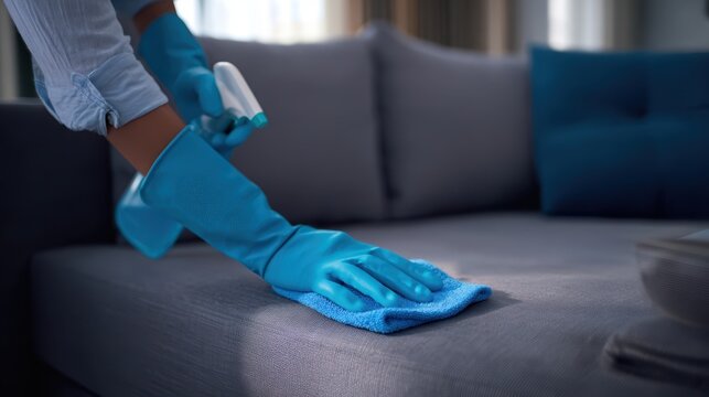 Professional sofa cleaning with disinfectant spray and cloth