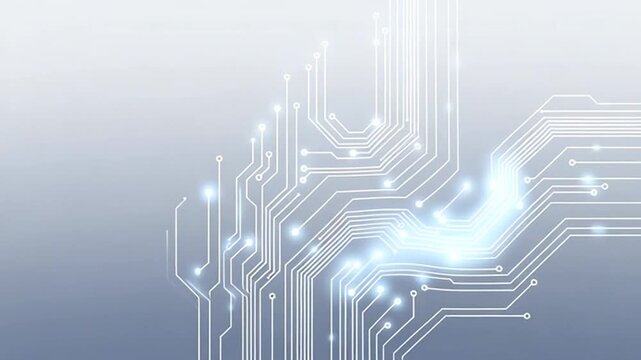Abstract circuit board with glowing lines and nodes in a cool blue and white tone