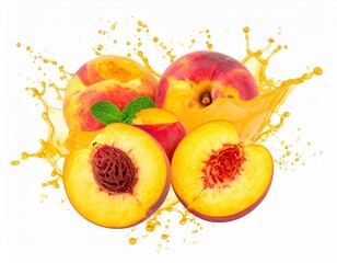 Fresh Peaches with Juice Splash on White Background
