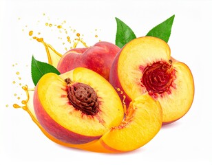 Fresh Peaches with Juice Splash on White Background
