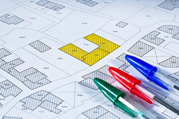 Imaginary cadastral map with buildings, land parcel and vacant plot - land and property registry and real estate property concept illustration