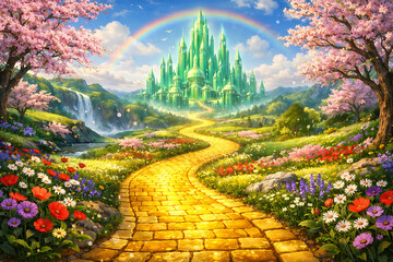 Enchanted yellow brick road leading to magical emerald city in springtime , Fantasy, Oz, Magicians
