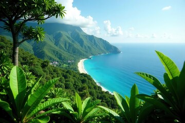 Lush green Seychelles hillside overlooking the sea, scenic, view, forest