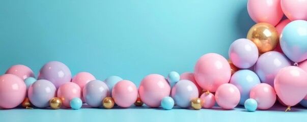 Pastel blue backdrop, disco ball balloons ascend , flying, joy