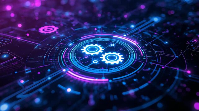 Futuristic digital interface with glowing gears and circular data elements on dark background