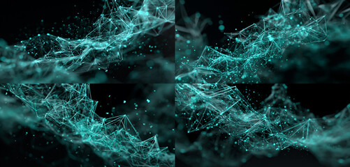 Glowing turquoise network connections on dark background with sparkling particles and lines with abstract technology