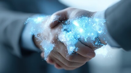 Conceptual Business Handshake with Glowing Digital World Map Overlay Representing Global Partnership and International Connection