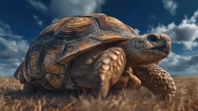 Close up view of a large tortoise with detailed textured shell on a sunny day with cloudy blue sky and dry grass