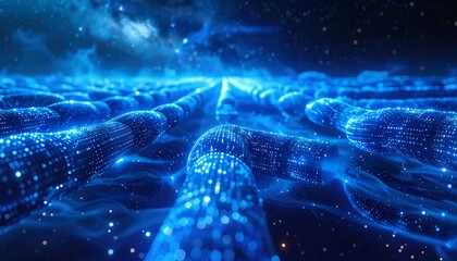 Abstract digital blue pathways illuminated against a dark backdrop with cosmic-like lighting effects
