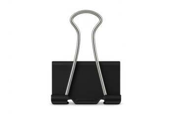 Black binder clip holding documents on transparent background
