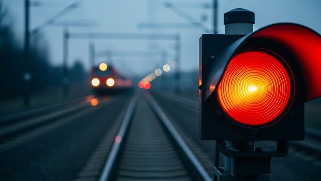 Red railway signal light on tracks with approaching train in foggy conditions
