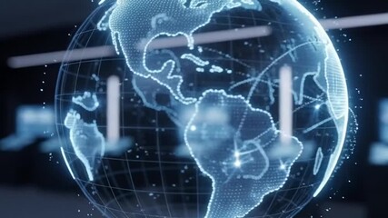 Abstract Digital Globe Rotates in Dark Server Room with Glowing Connections and Data Streams - Powered by Adobe