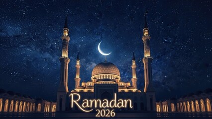 Ramadan 2026 Crescent Moon and Mosque Silhouette Under a Starry Night Sky