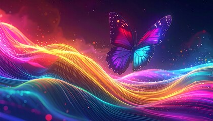 Abstract digital painting featuring a vibrant butterfly above swirling neon waves against a dark, cloudy backdrop